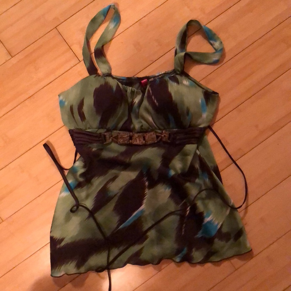 Brown, green and blue  spaghetti strap dress shirt